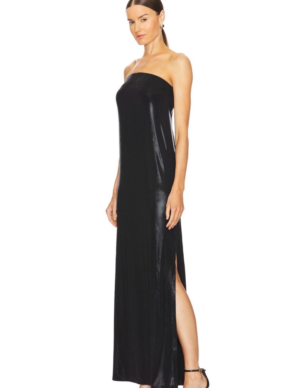 Norma Kamali Strapless Black Glossy Maxi Dress with Side Slit